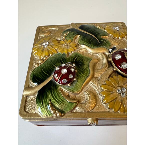 Goldtone Ladybug Bejeweled Trinket Box /Jewelry Box  4”X4”  3D Ladybugs & Leaves - Picture 6 of 13